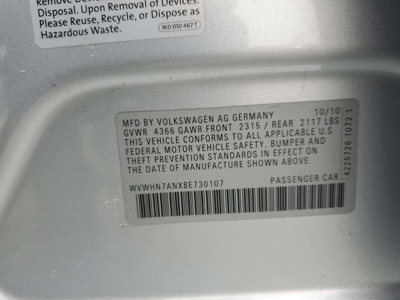 2011 VOLKSWAGEN CC