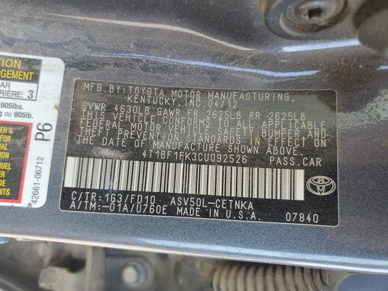 2012 TOYOTA CAMRY