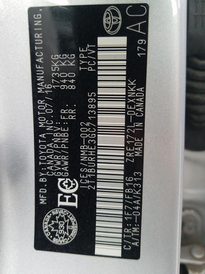 2016 TOYOTA COROLLA