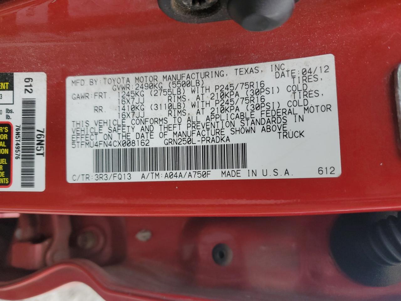 2012 TOYOTA TACOMA
