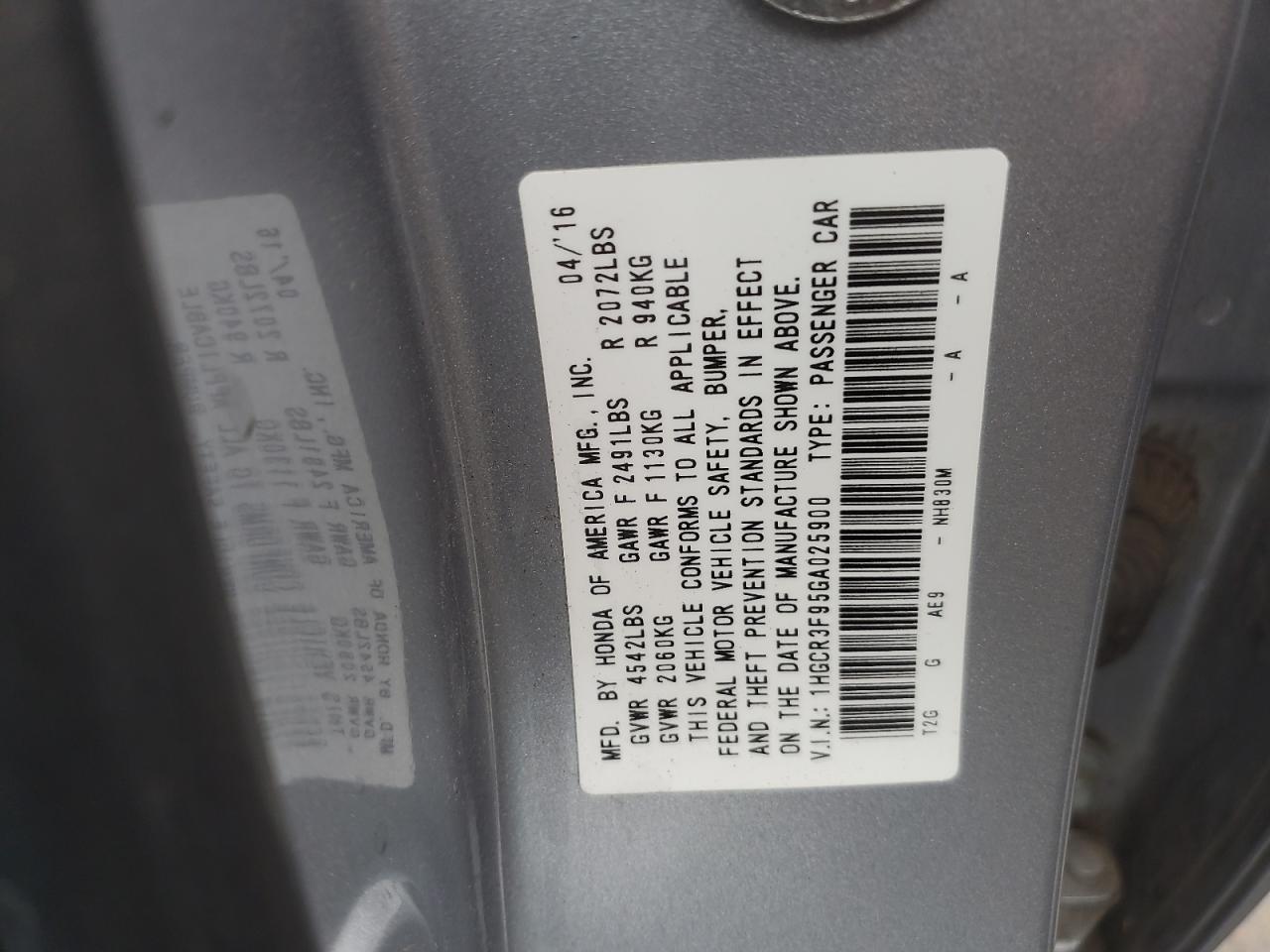 2016 HONDA ACCORD