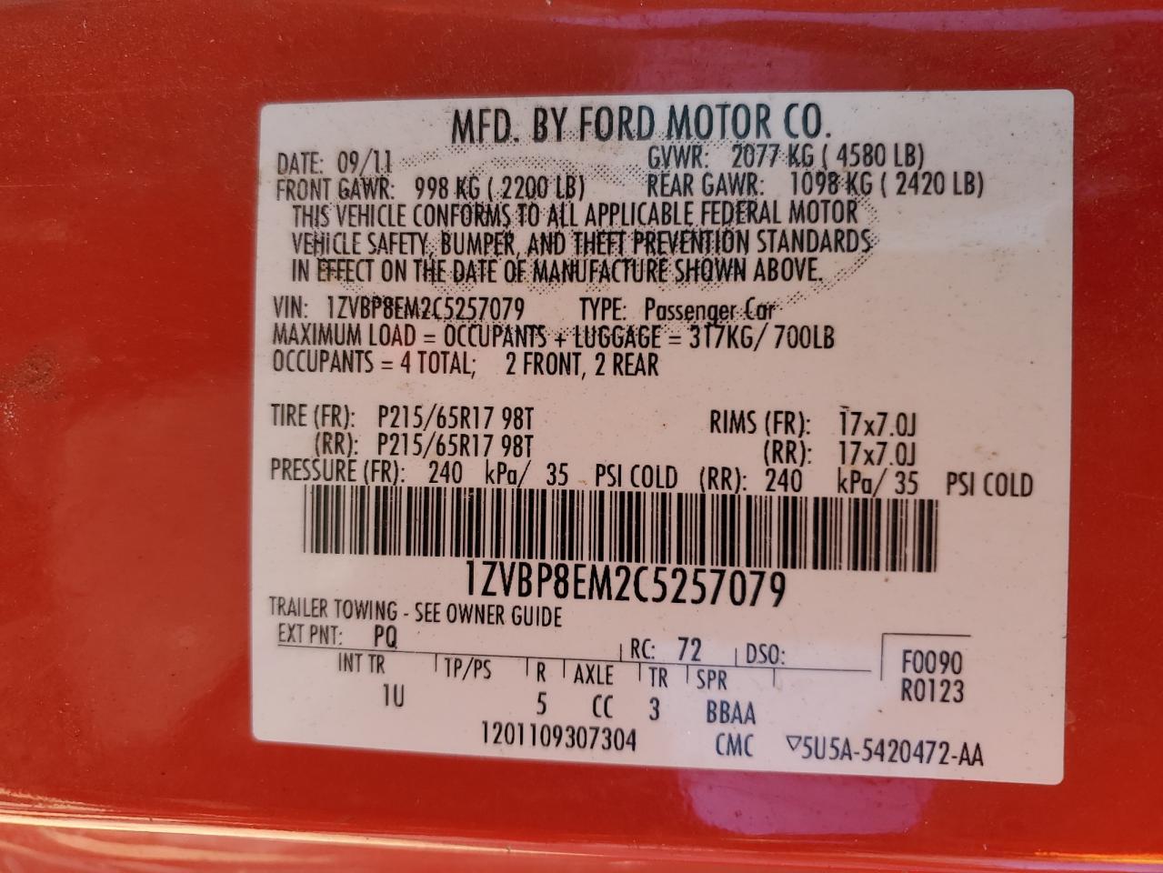 2012 FORD MUSTANG