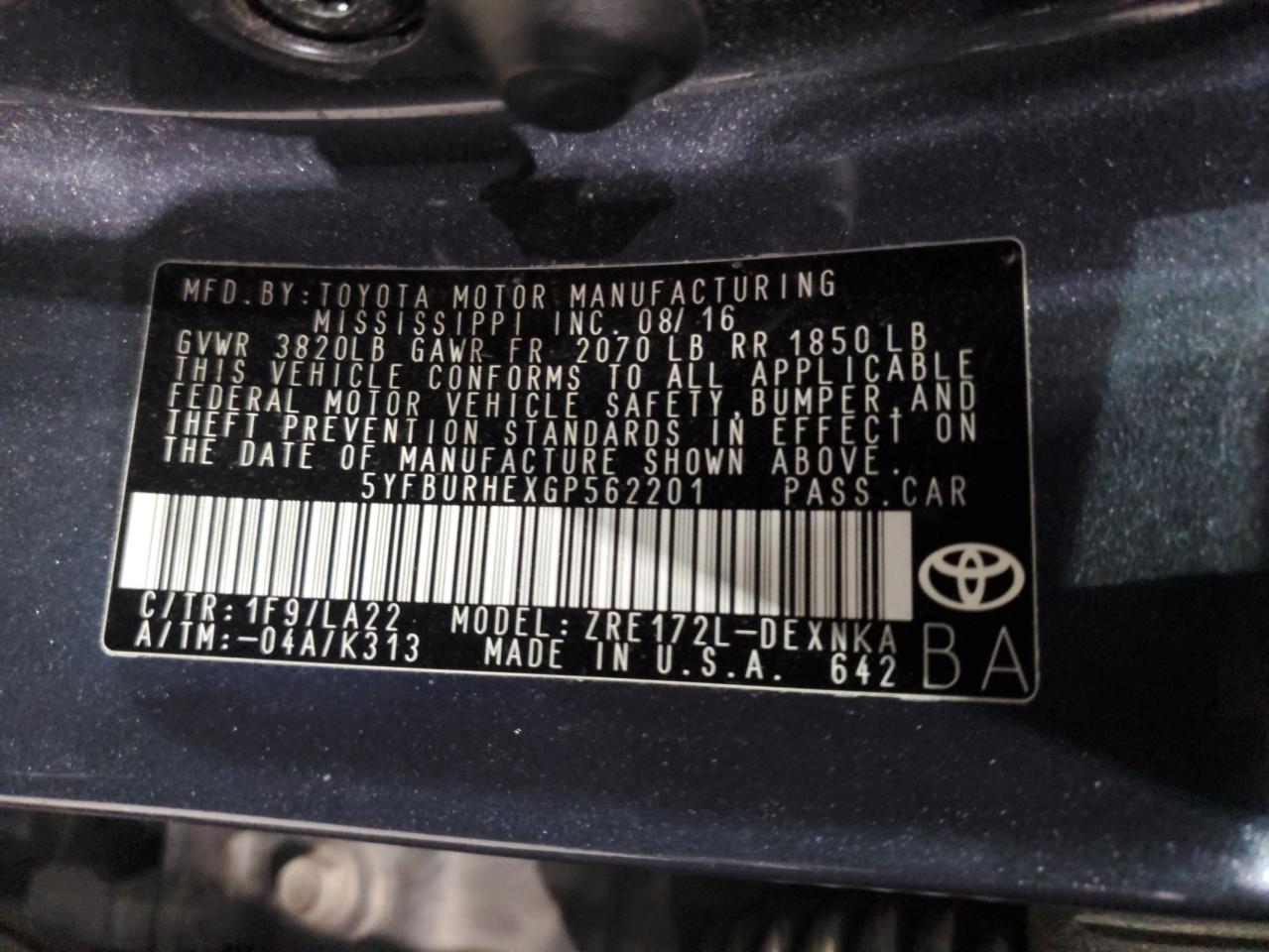 2016 TOYOTA COROLLA