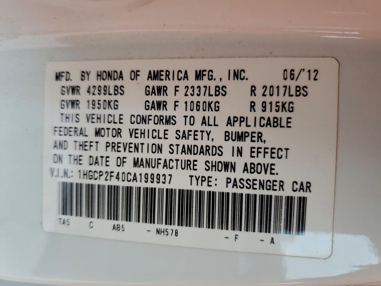 2012 HONDA ACCORD
