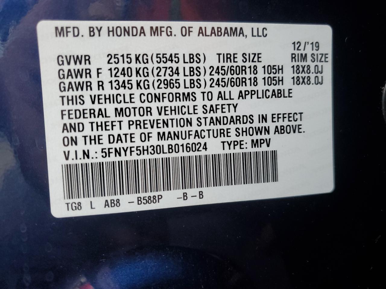 2020 HONDA PILOT