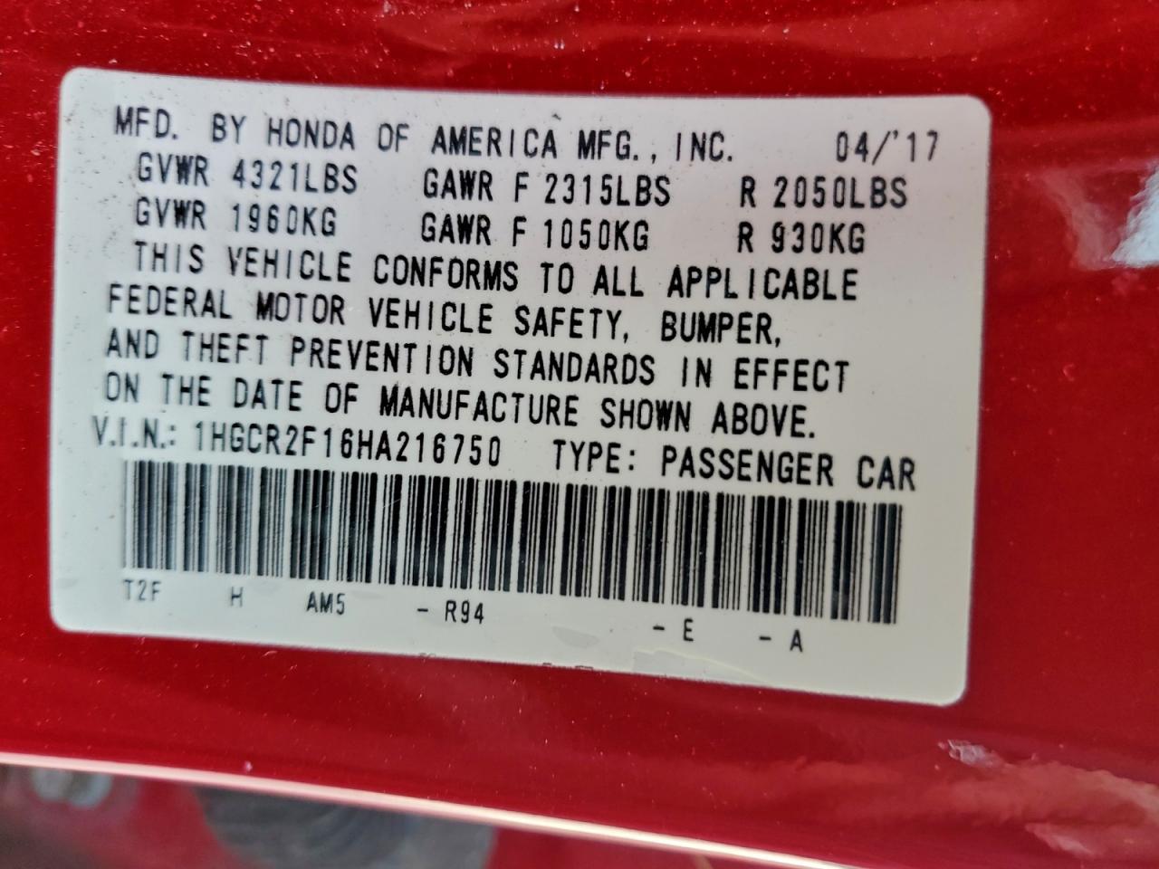2017 HONDA ACCORD