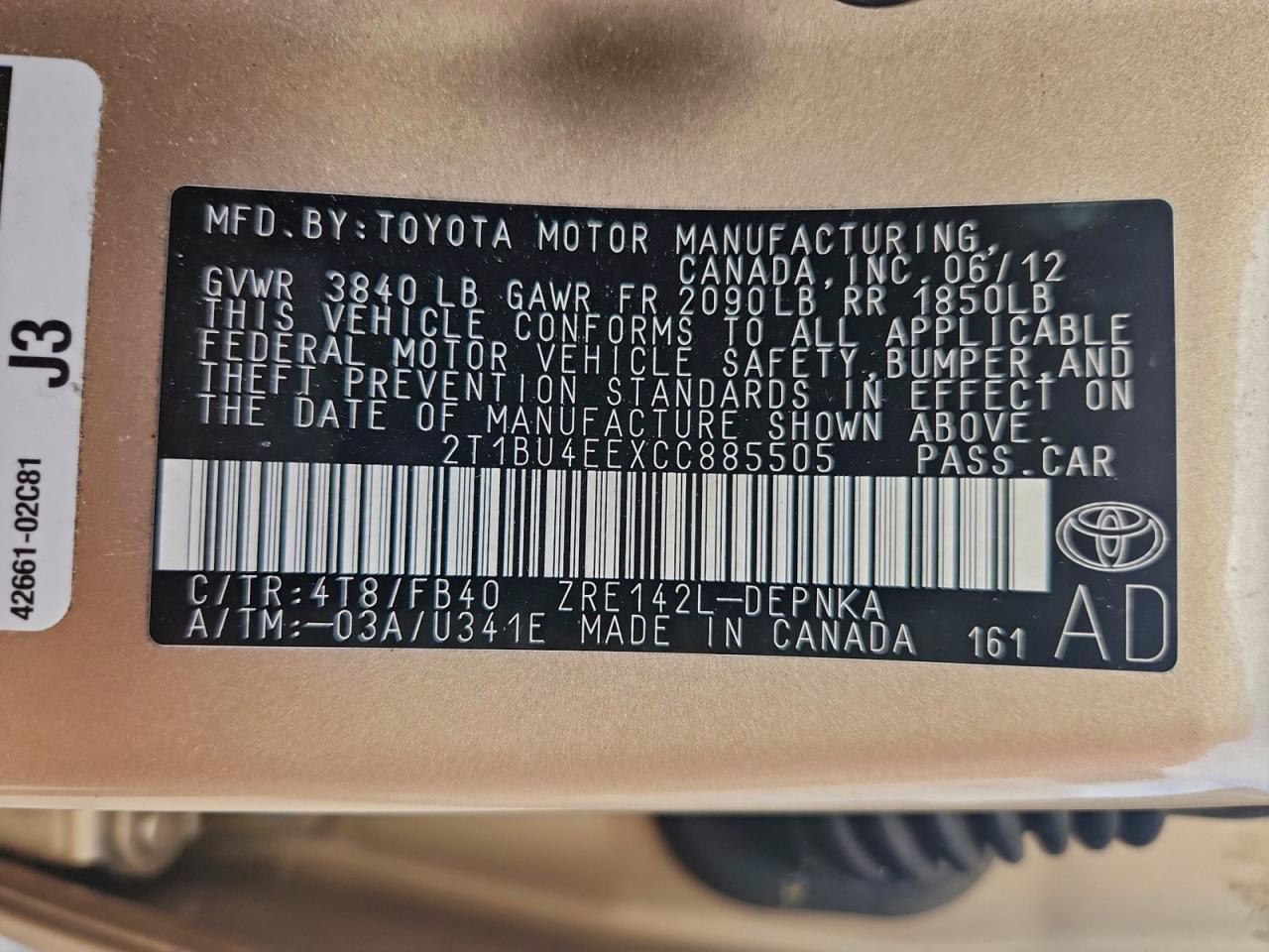 2012 TOYOTA COROLLA