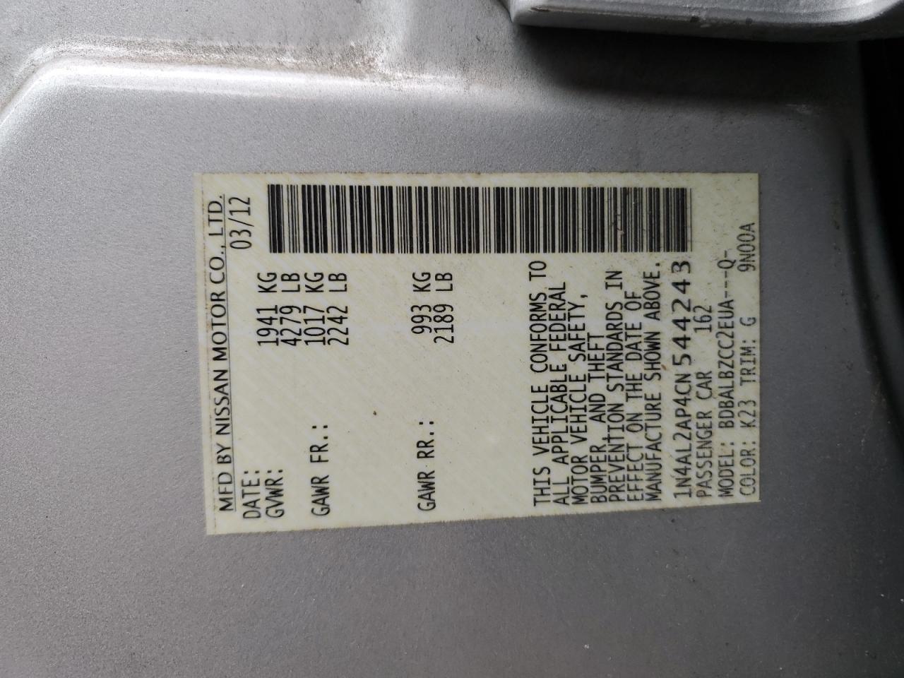 2012 NISSAN ALTIMA
