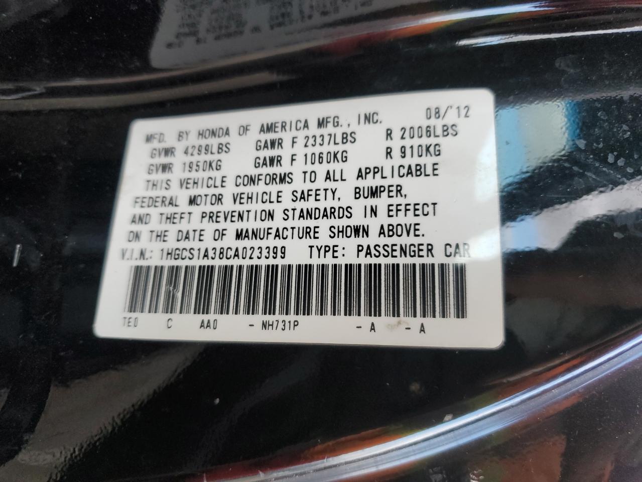 2012 HONDA ACCORD