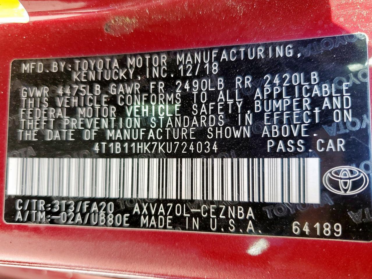 2019 TOYOTA CAMRY