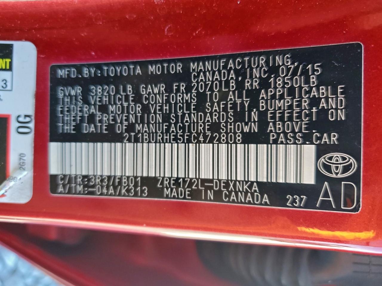 2015 TOYOTA COROLLA