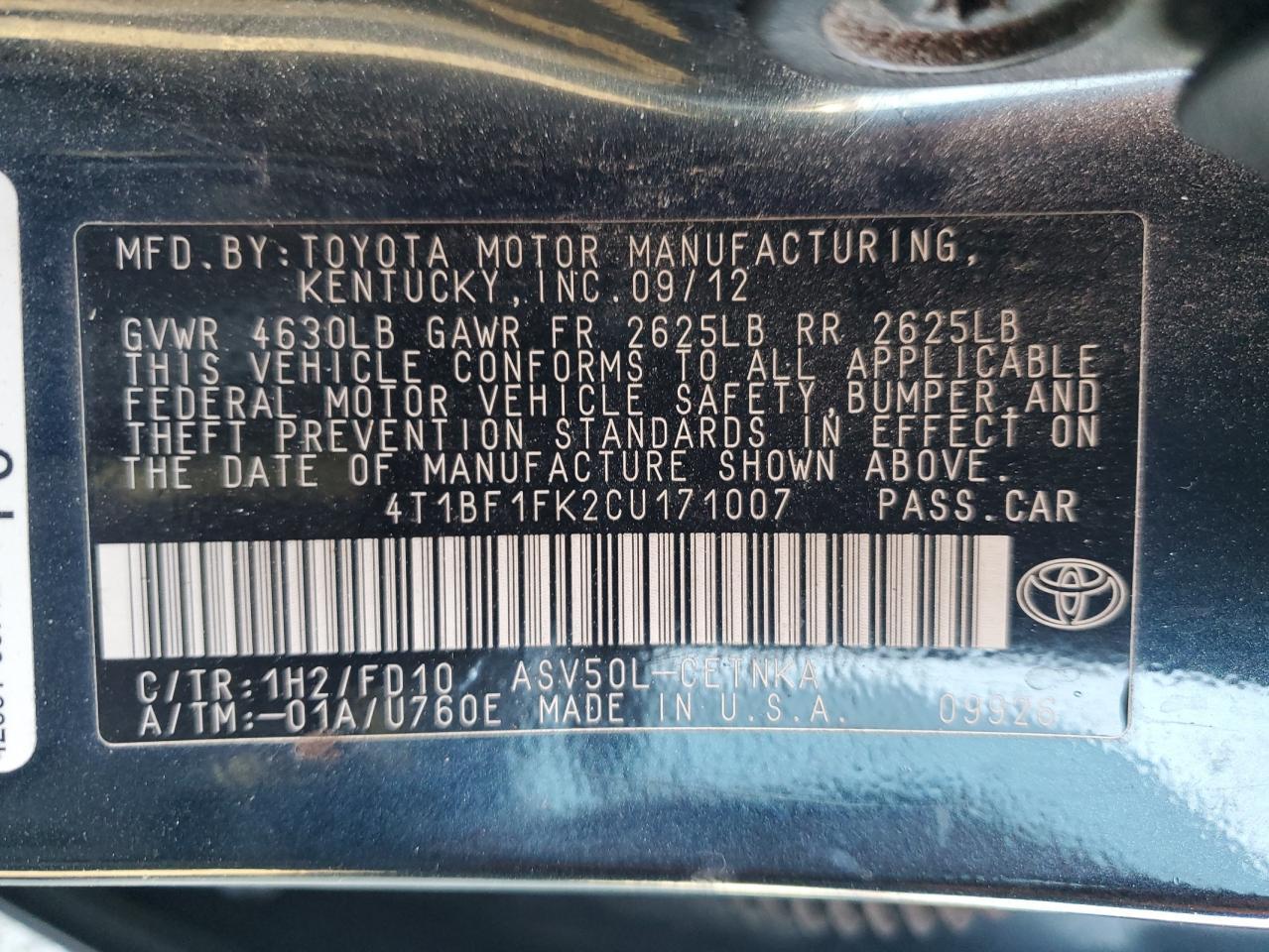 2012 TOYOTA CAMRY