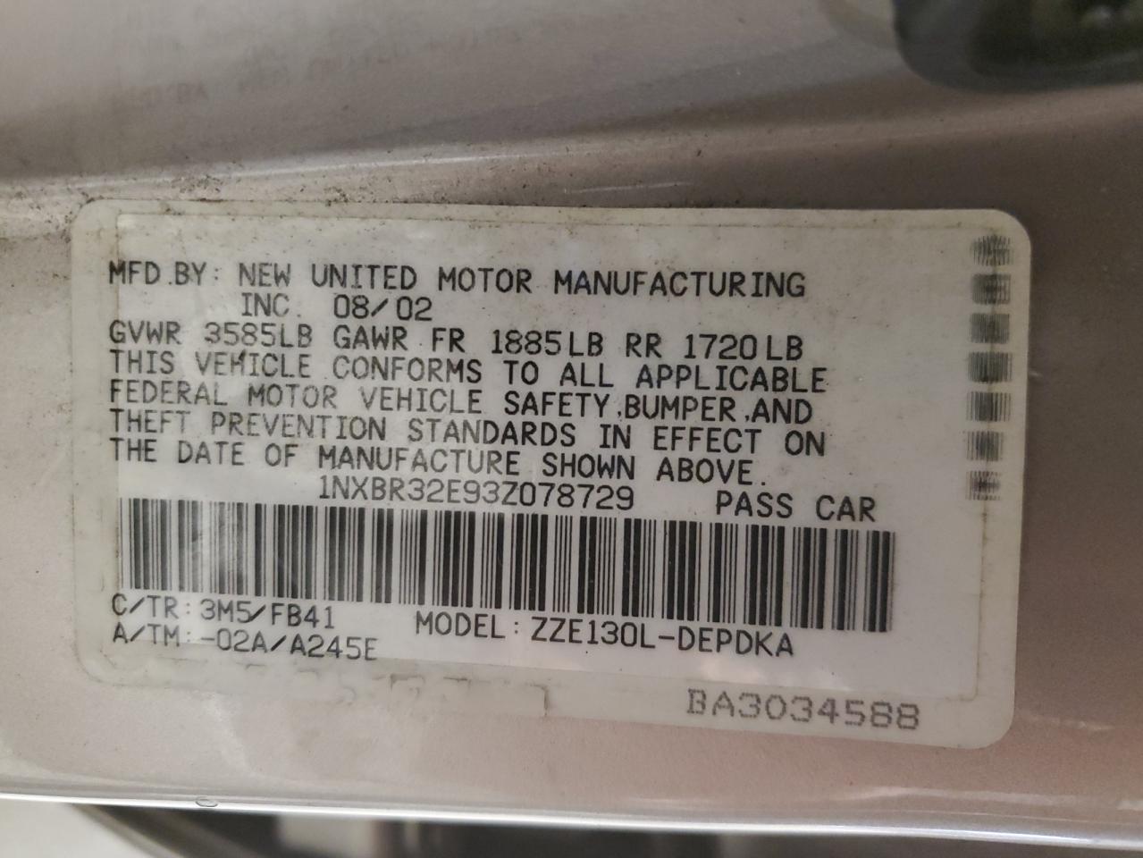 2003 TOYOTA COROLLA