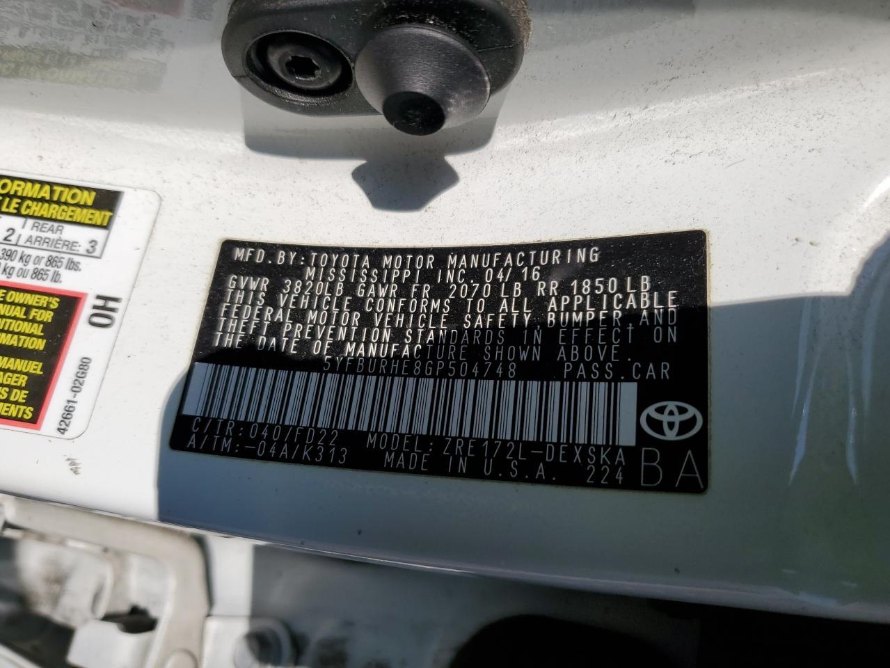 2016 TOYOTA COROLLA