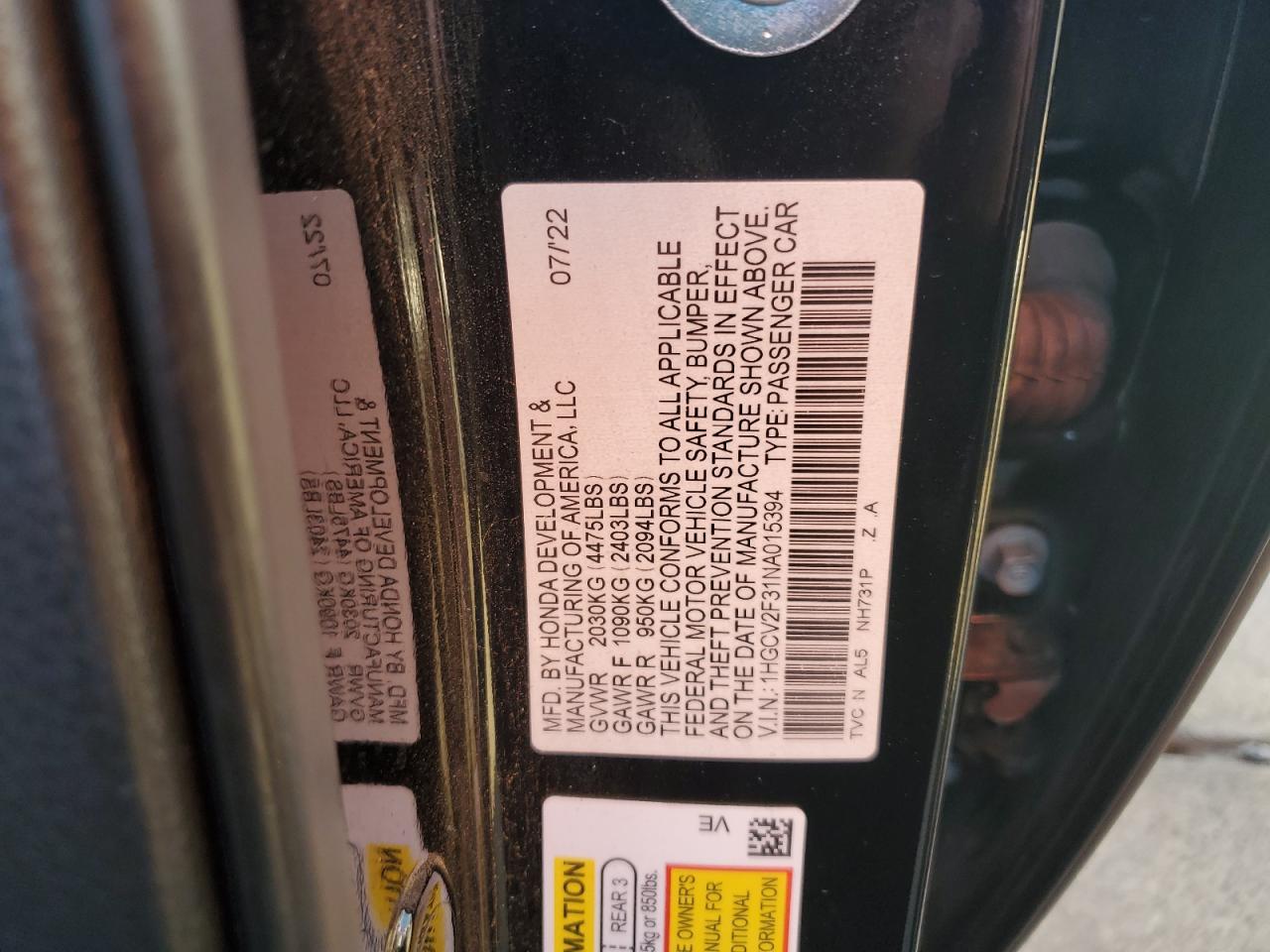 2022 HONDA ACCORD