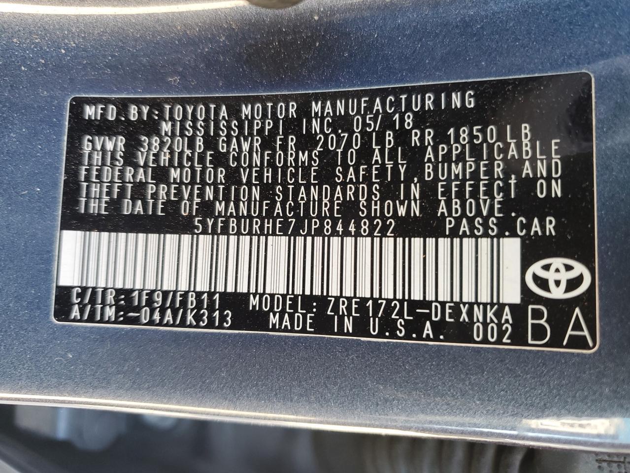 2018 TOYOTA COROLLA