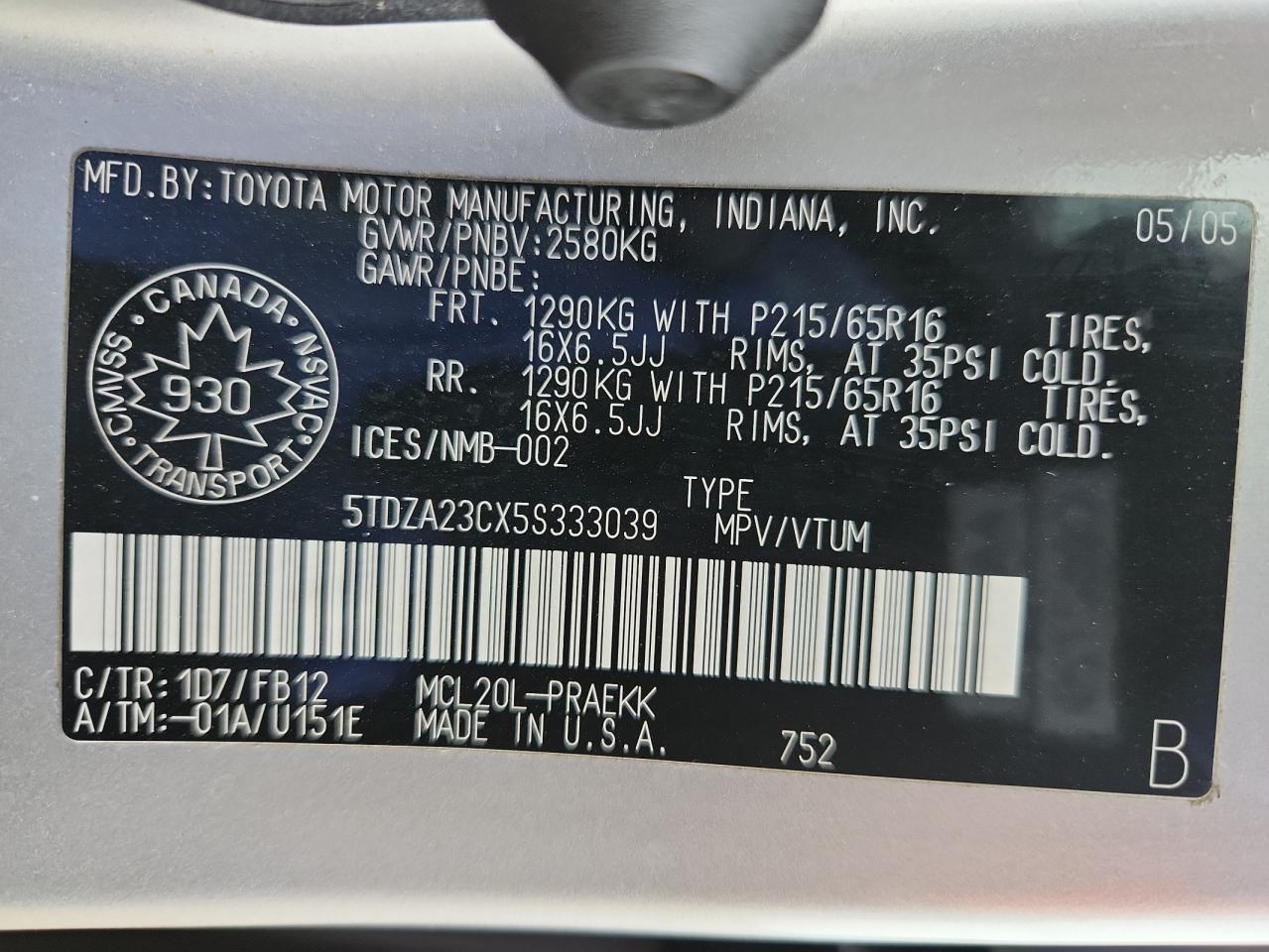 2005 TOYOTA SIENNA