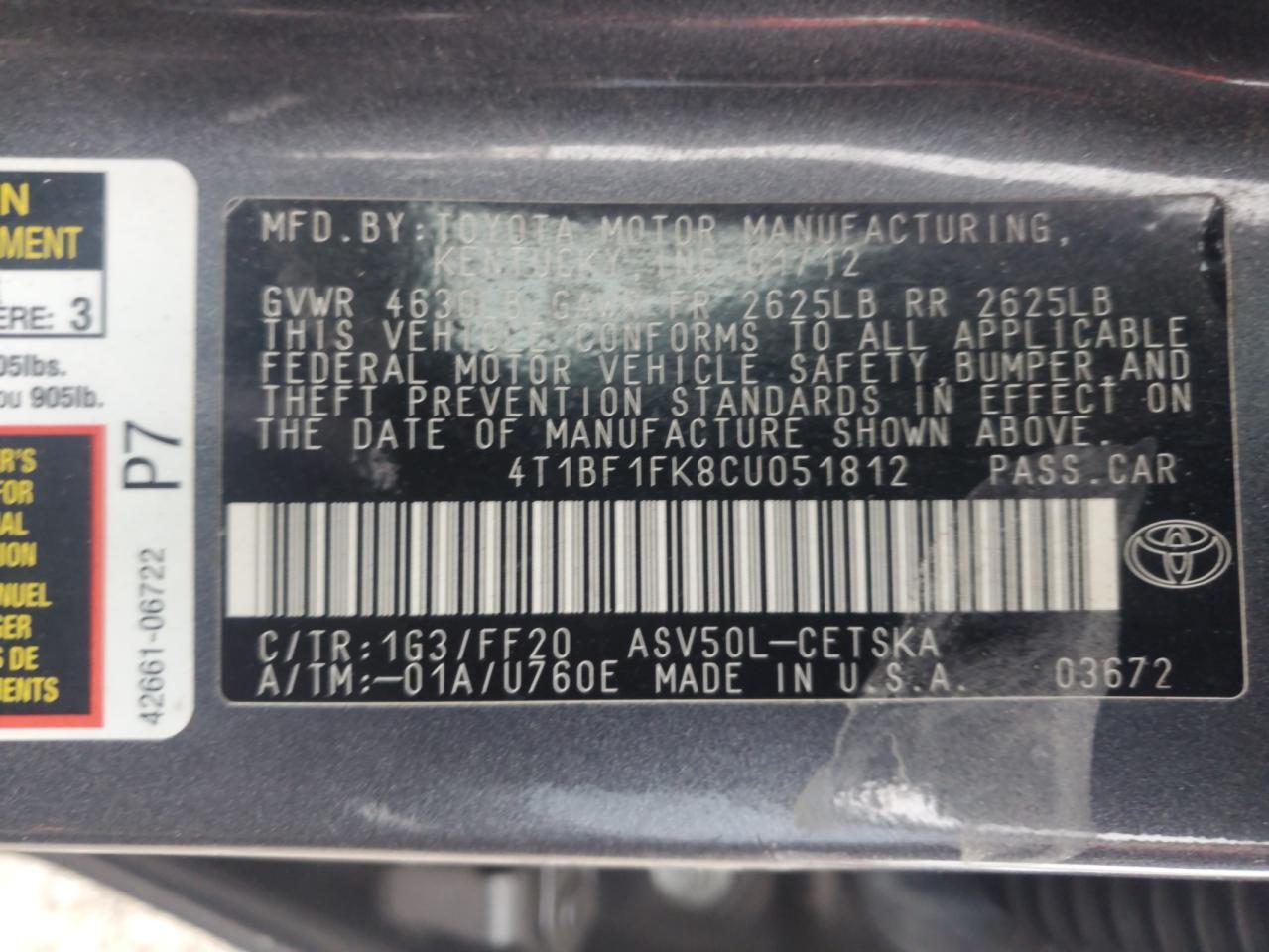 2012 TOYOTA CAMRY