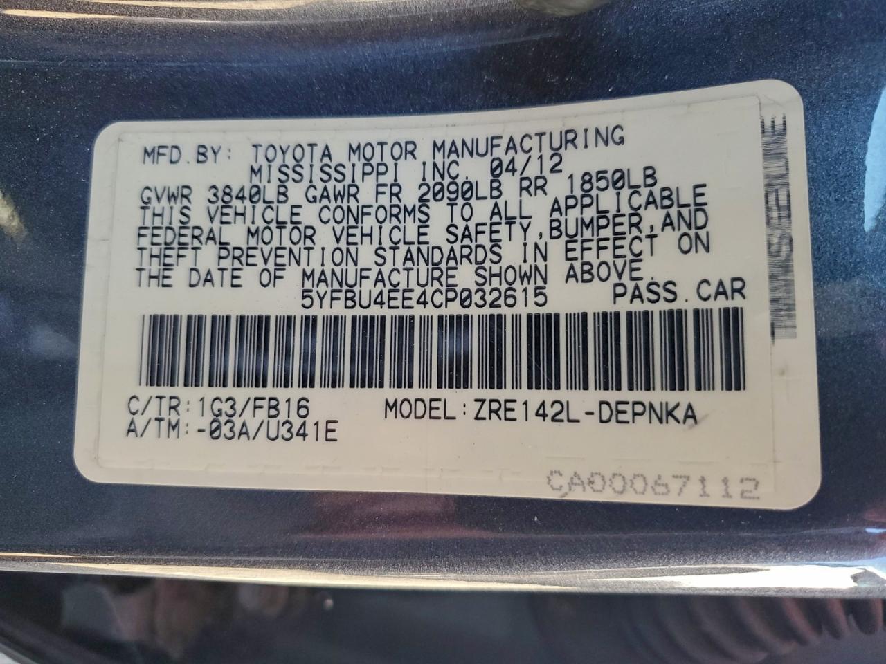 2012 TOYOTA COROLLA