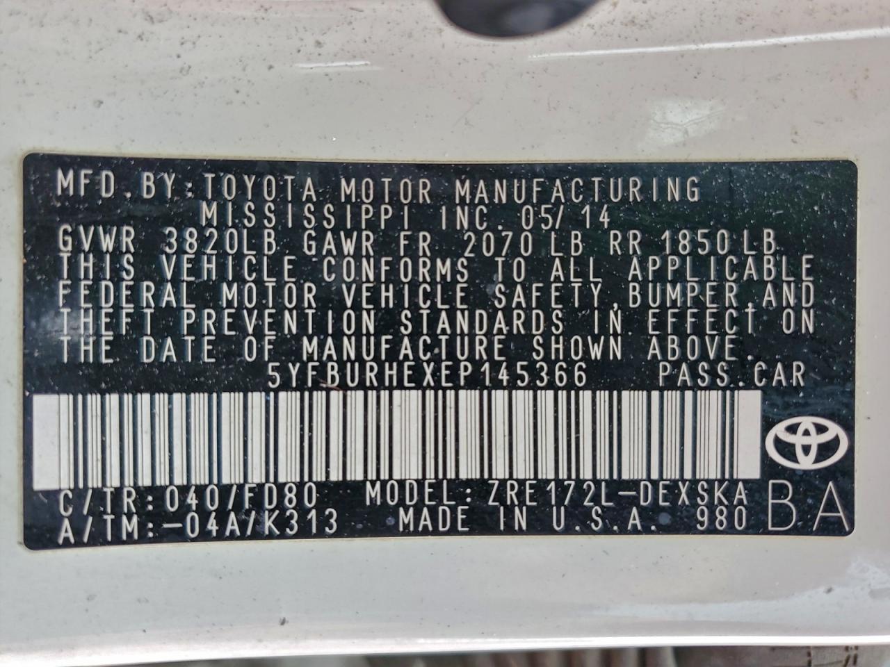 2014 TOYOTA COROLLA