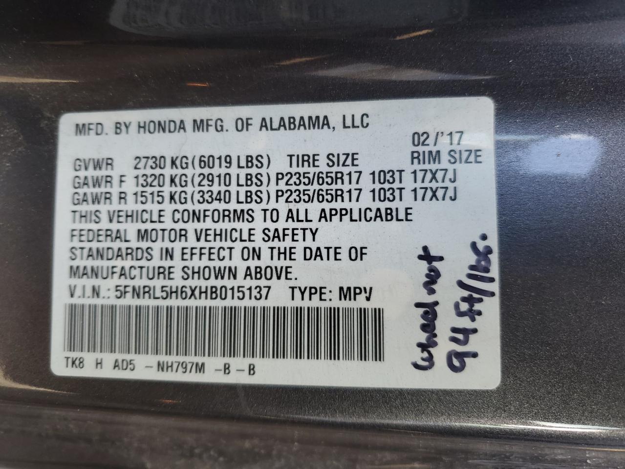 2017 HONDA ODYSSEY