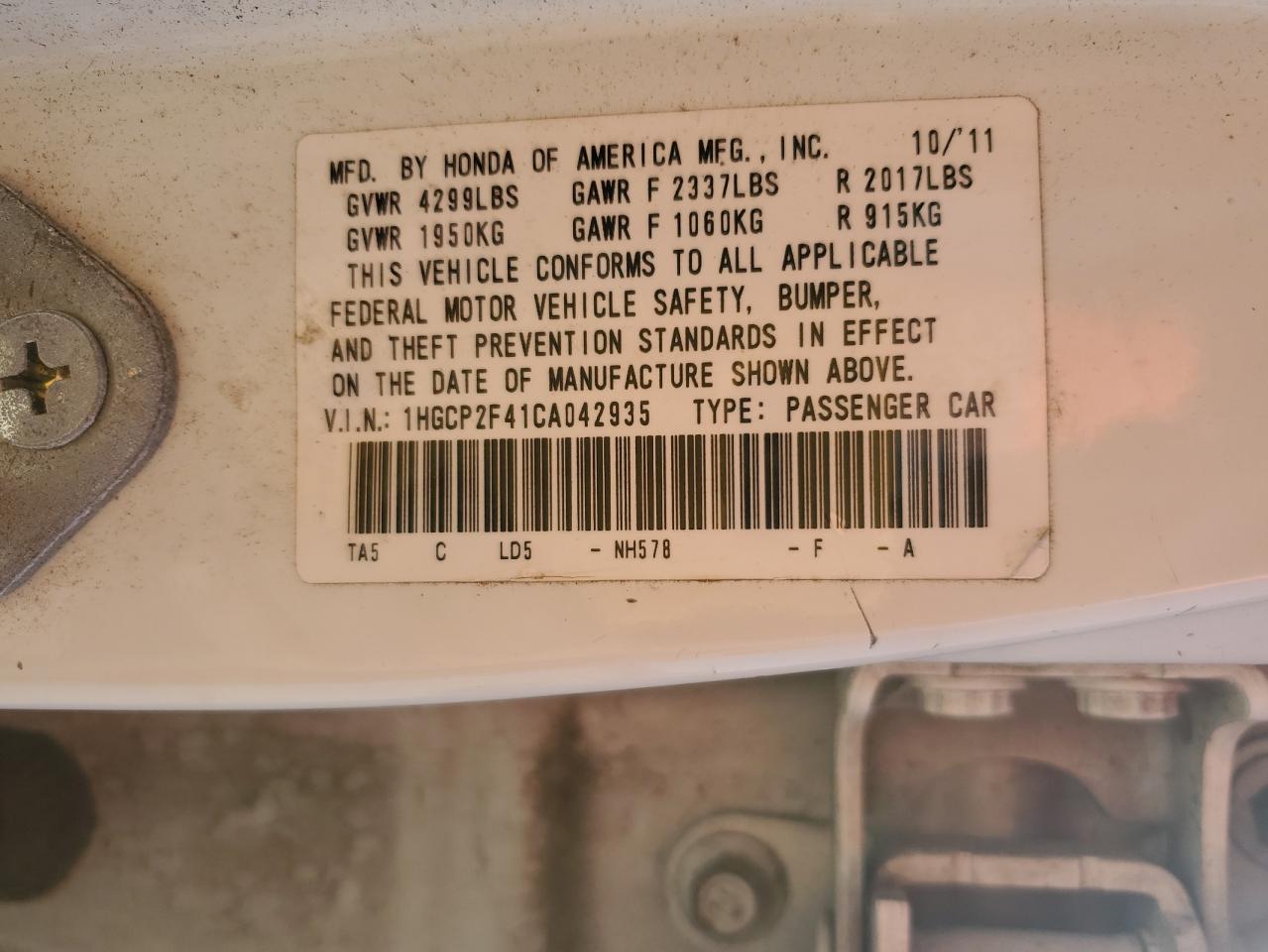2012 HONDA ACCORD