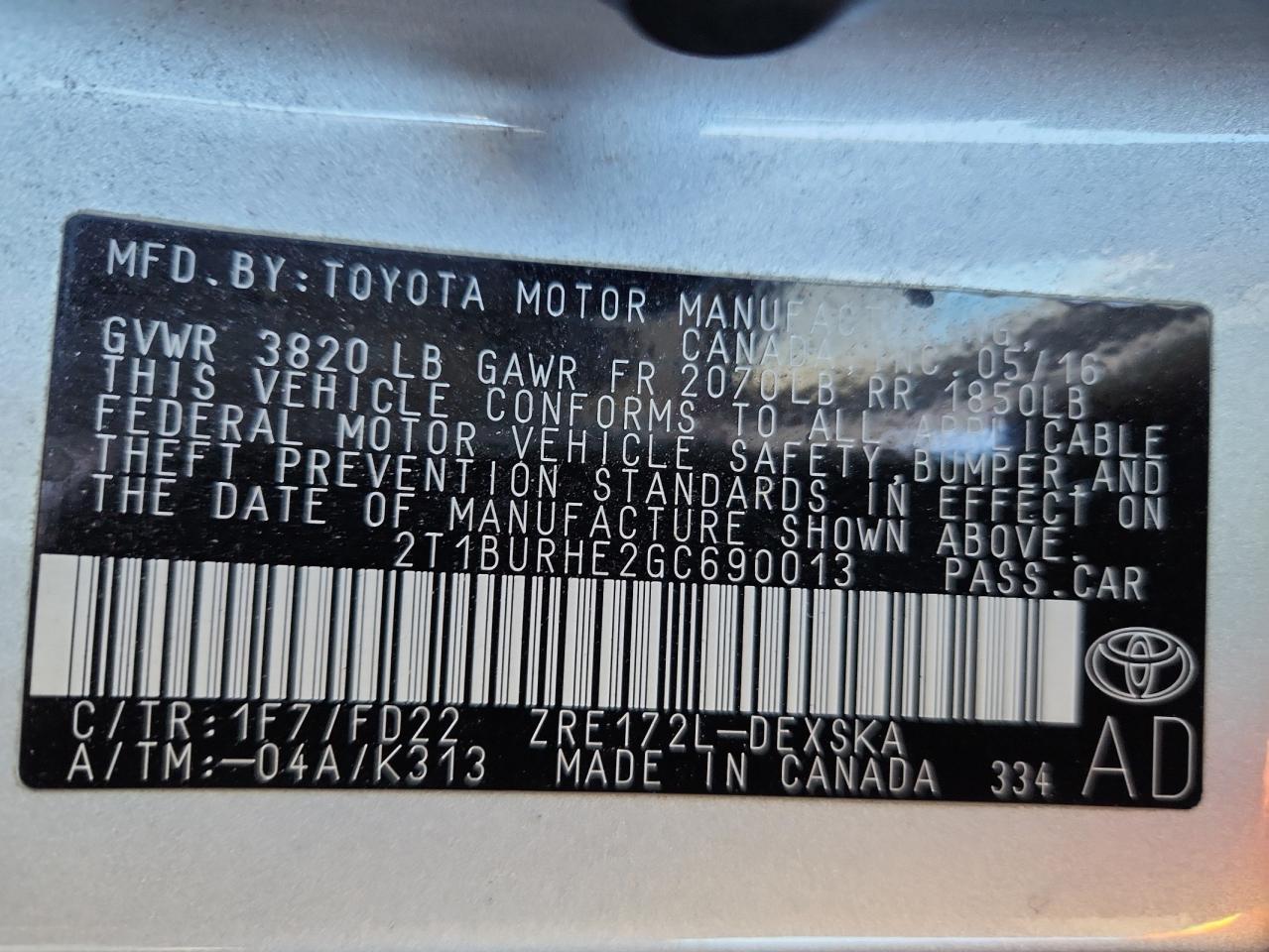 2016 TOYOTA COROLLA
