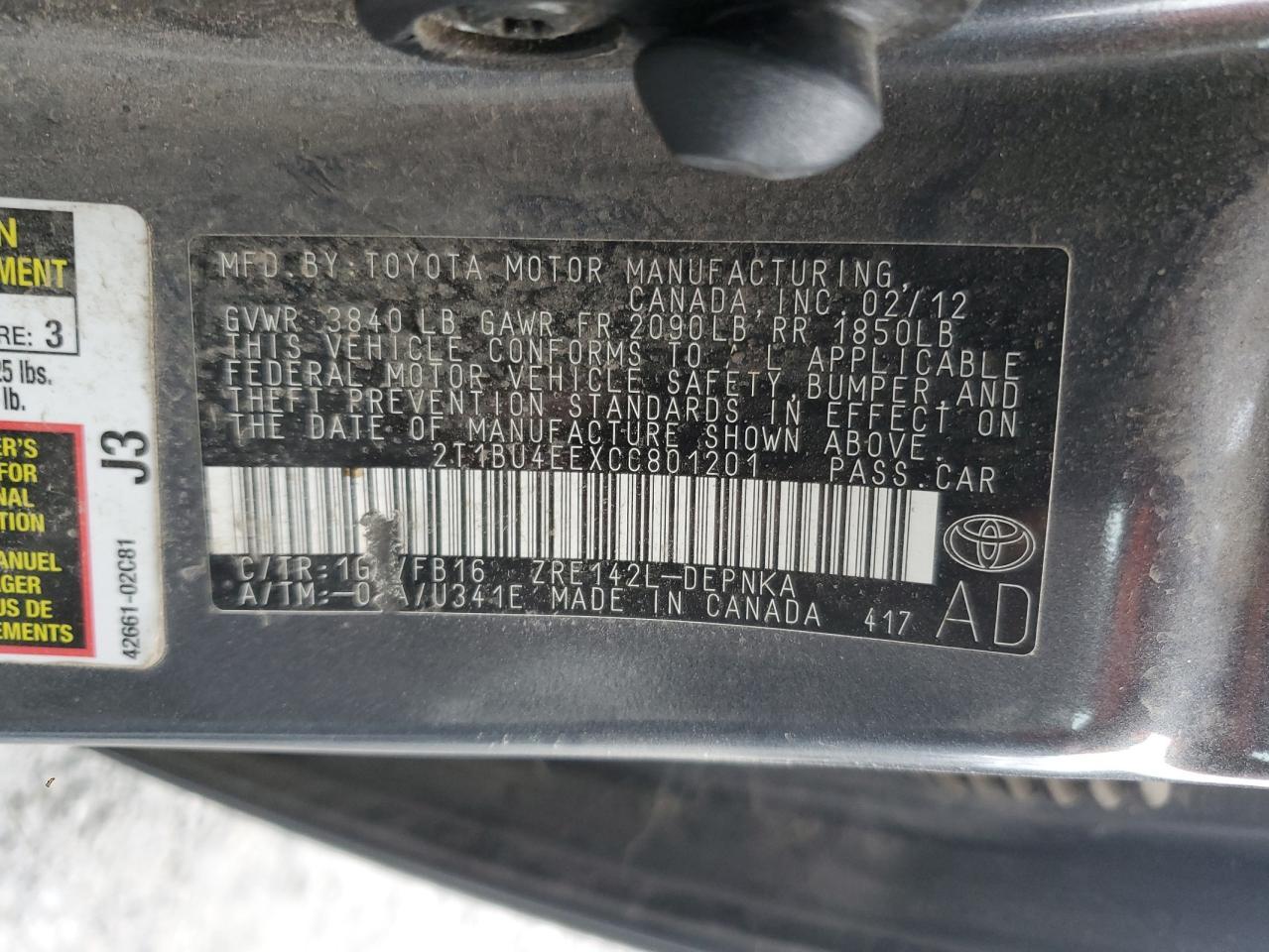 2012 TOYOTA COROLLA