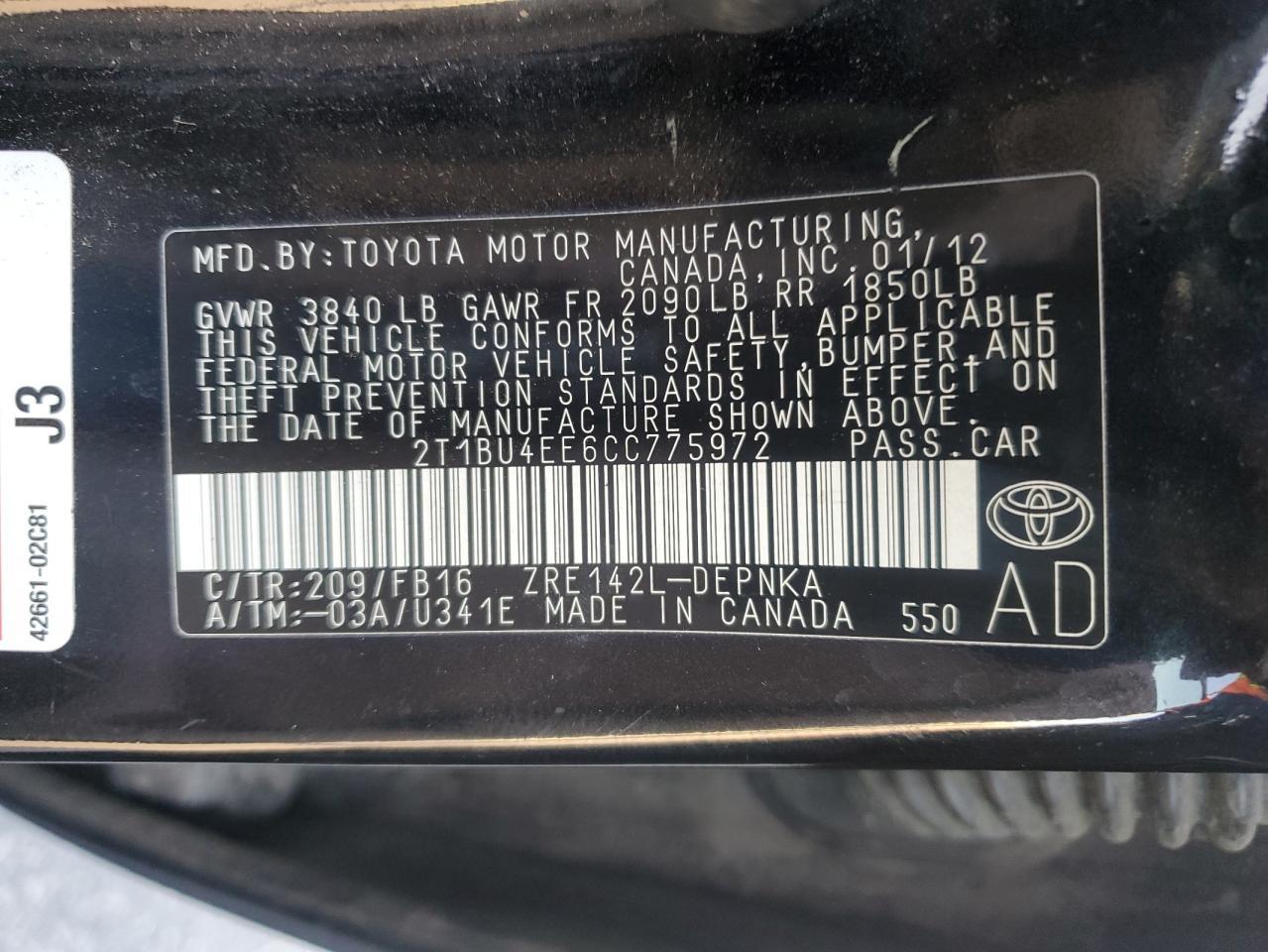 2012 TOYOTA COROLLA