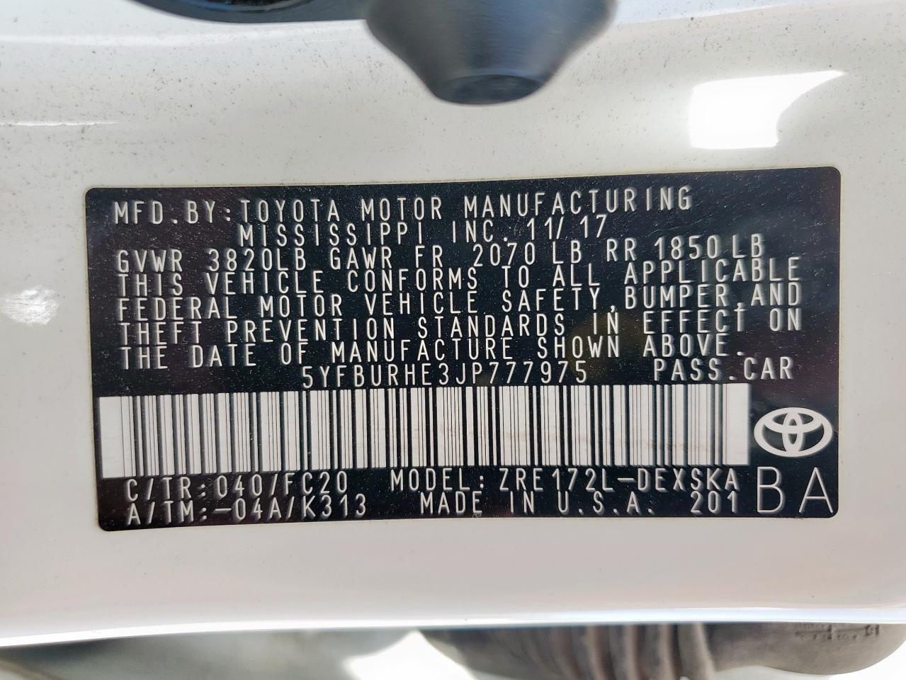 2018 TOYOTA COROLLA