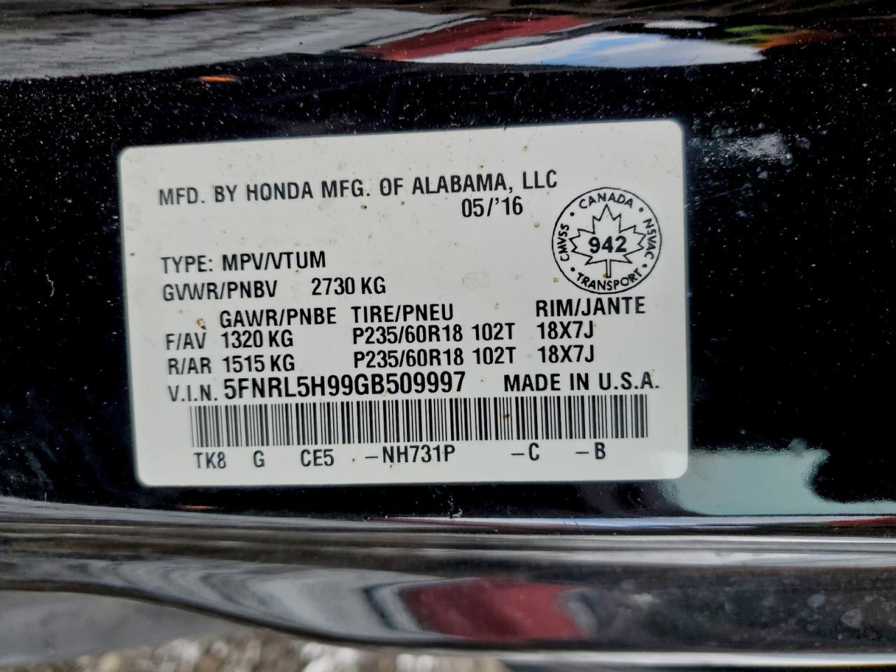 2016 HONDA ODYSSEY