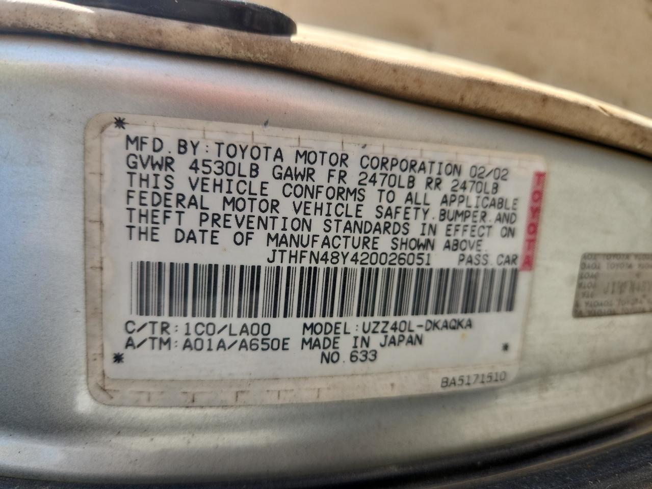 2002 LEXUS SC 430