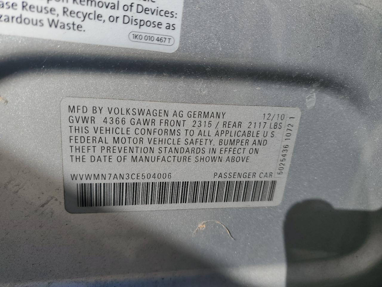 2012 VOLKSWAGEN CC