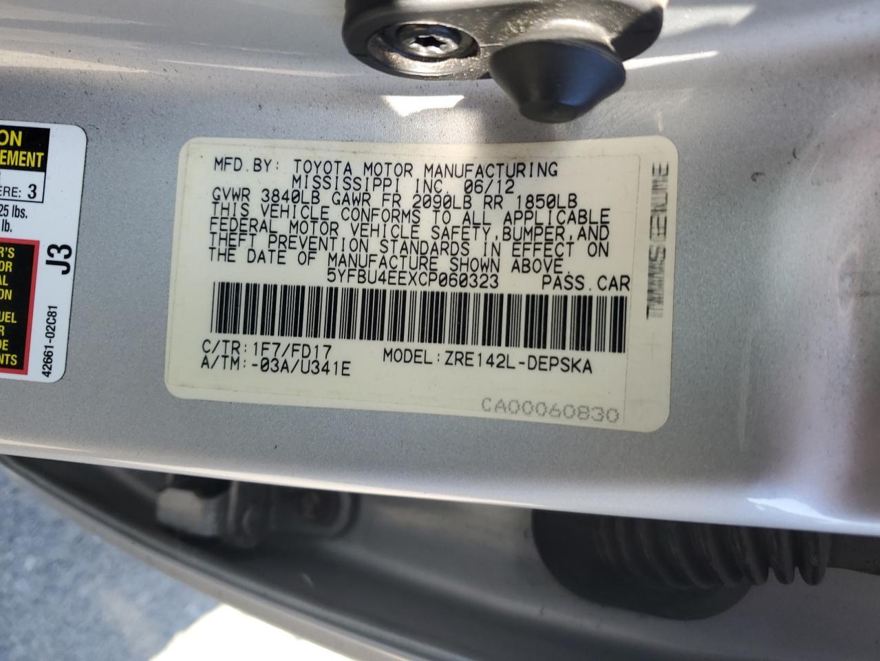 2012 TOYOTA COROLLA