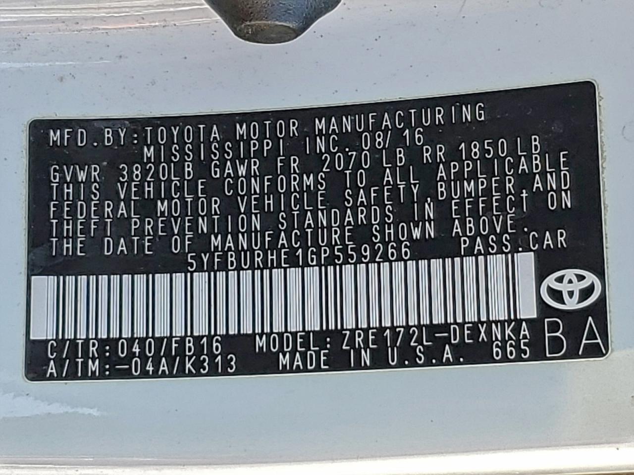 2016 TOYOTA COROLLA