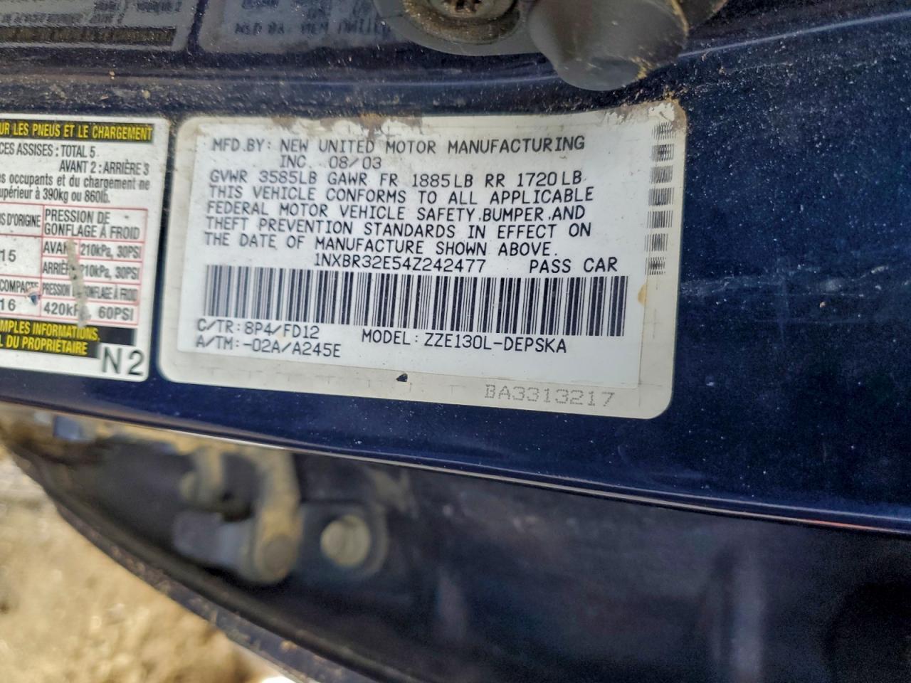 2004 TOYOTA COROLLA