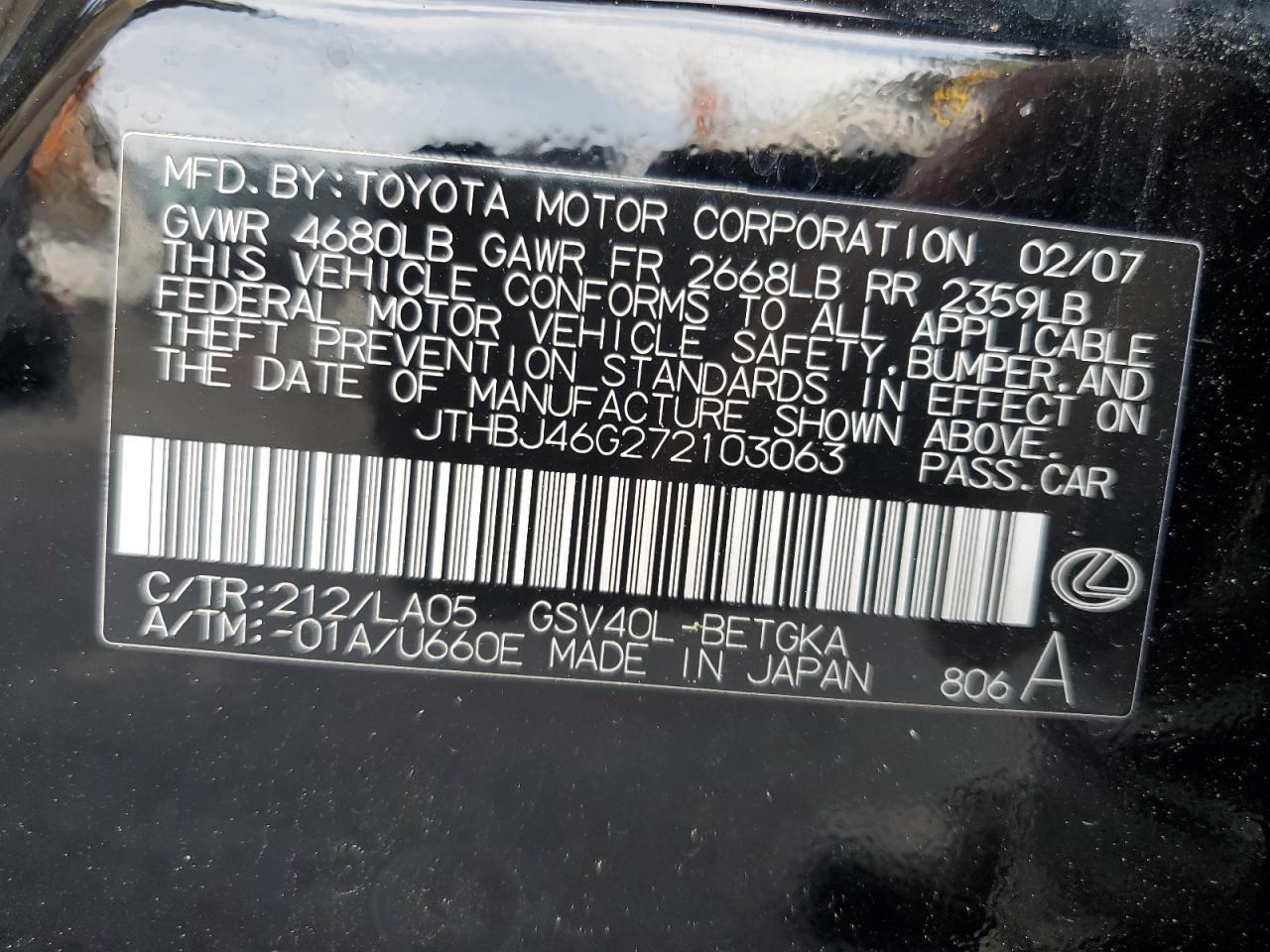 2007 LEXUS ES 350