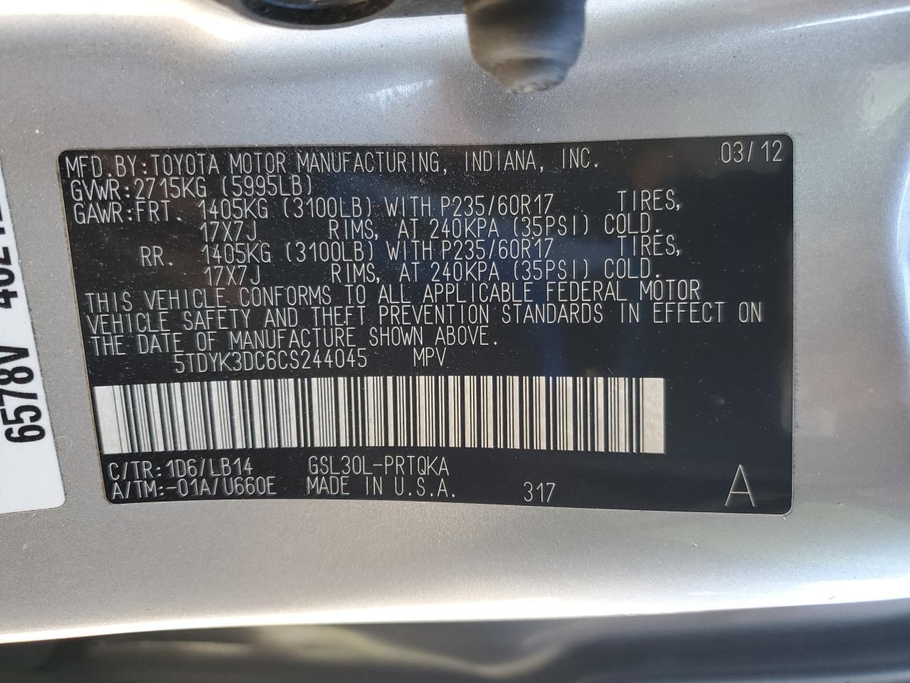 2012 TOYOTA SIENNA