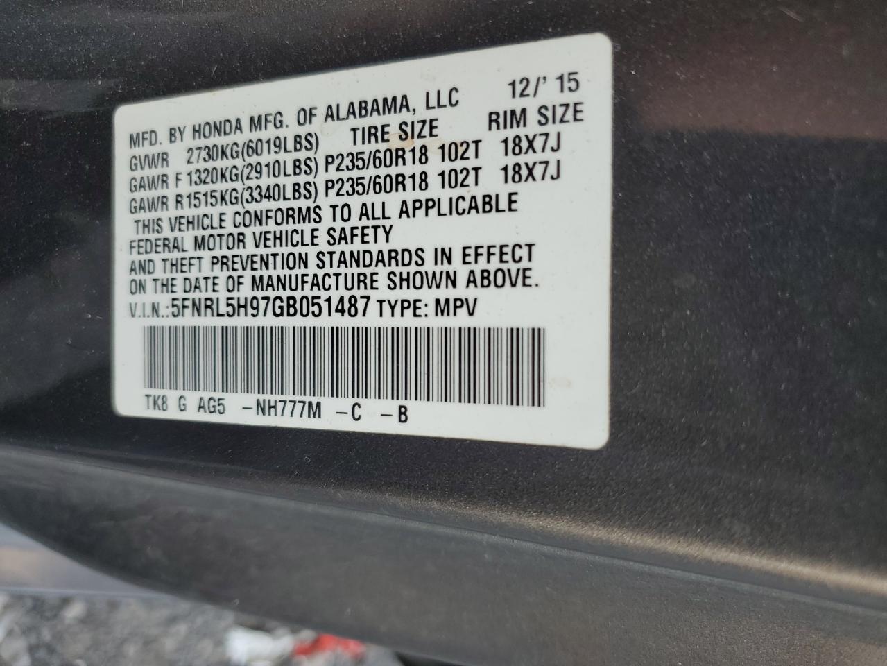 2016 HONDA ODYSSEY