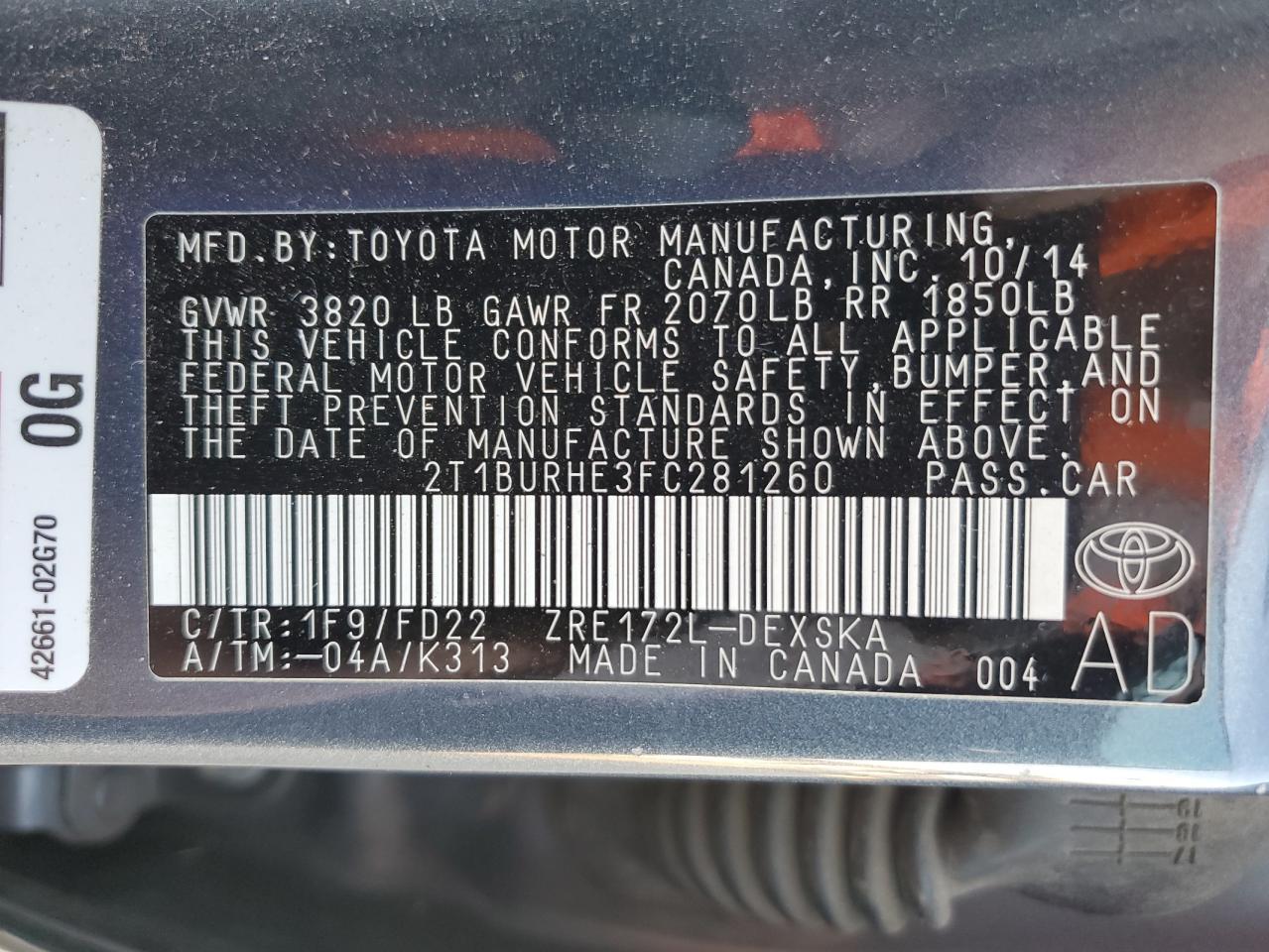2015 TOYOTA COROLLA