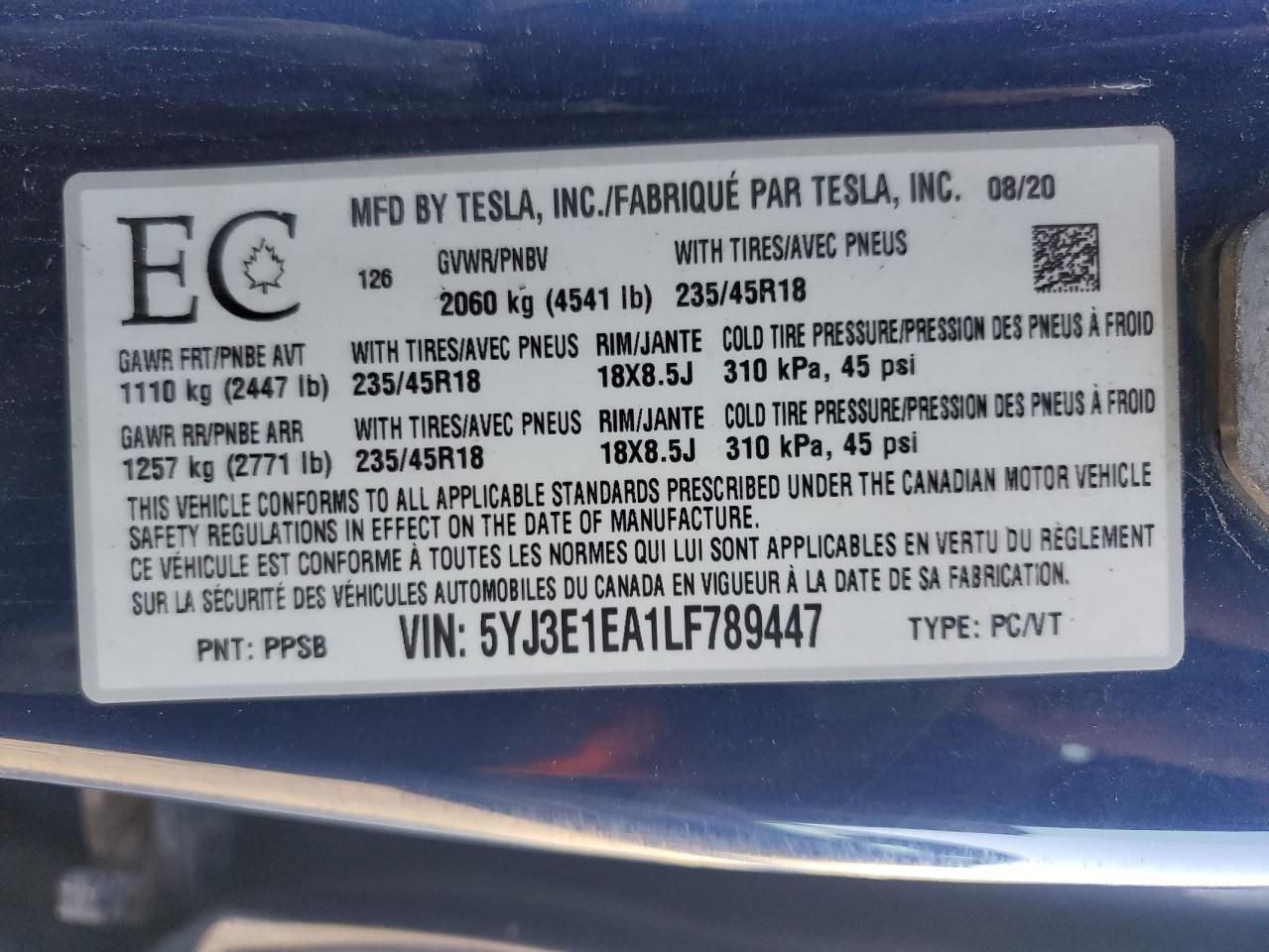 2020 TESLA MODEL 3