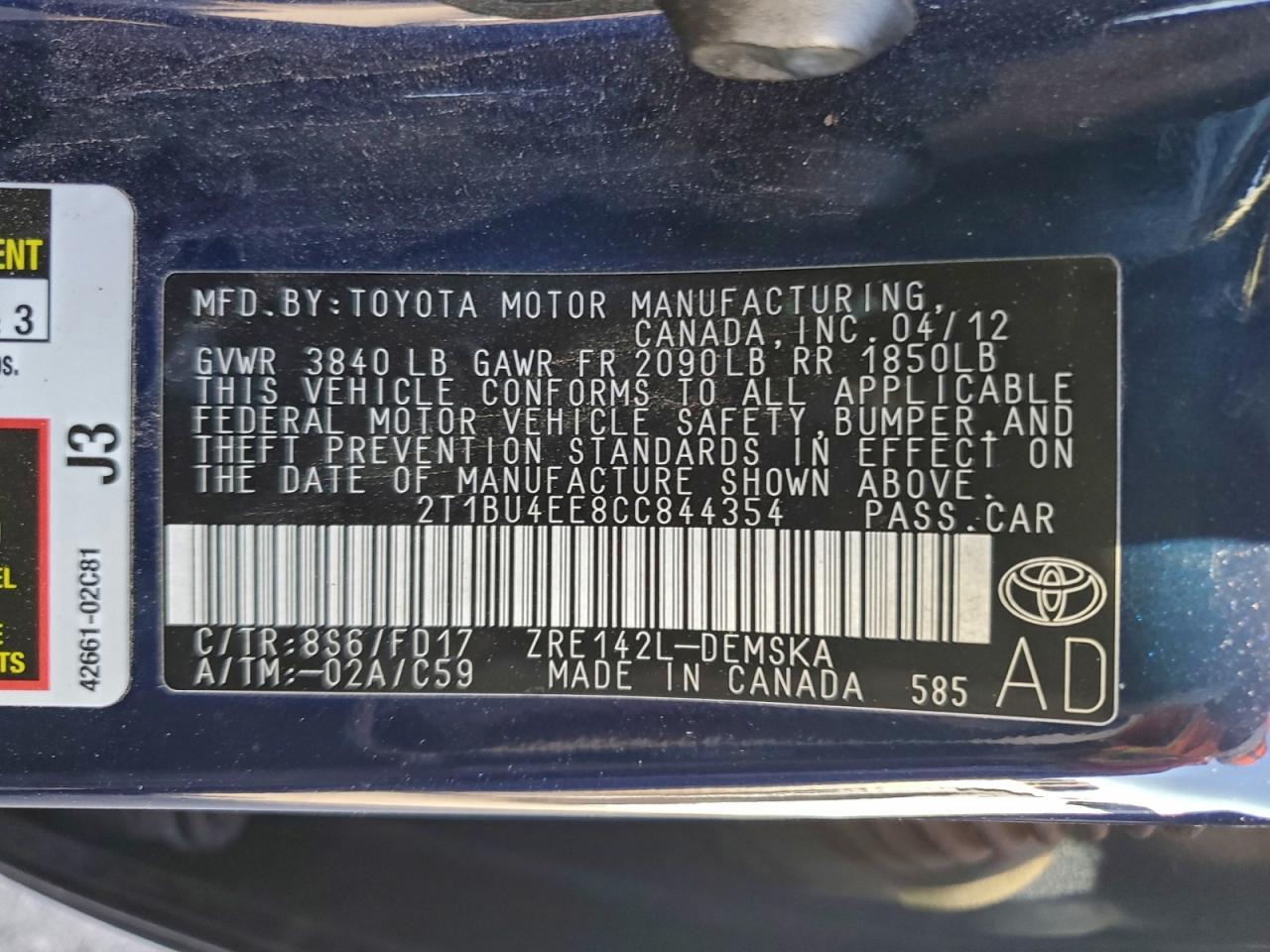 2012 TOYOTA COROLLA