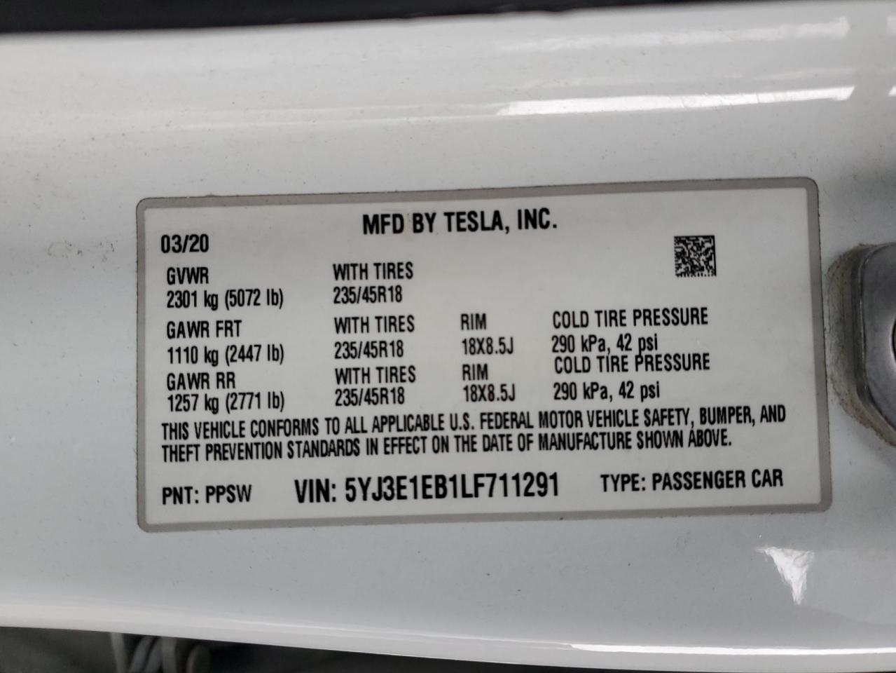 2020 TESLA MODEL 3