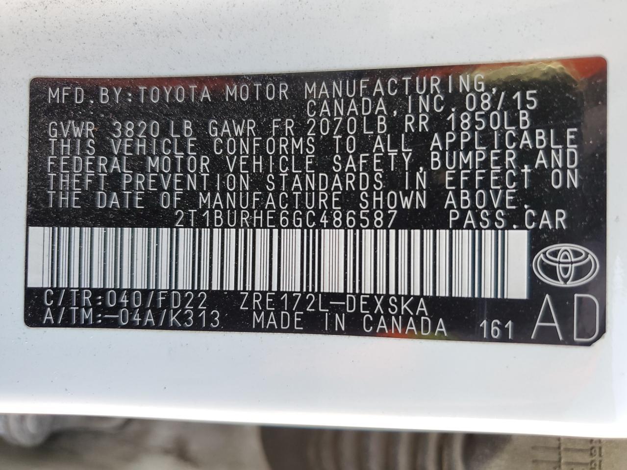 2016 TOYOTA COROLLA