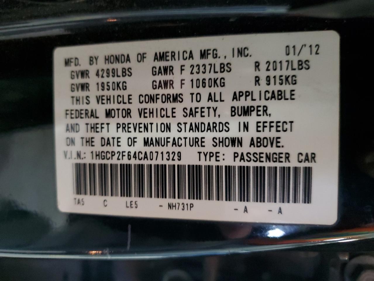 2012 HONDA ACCORD