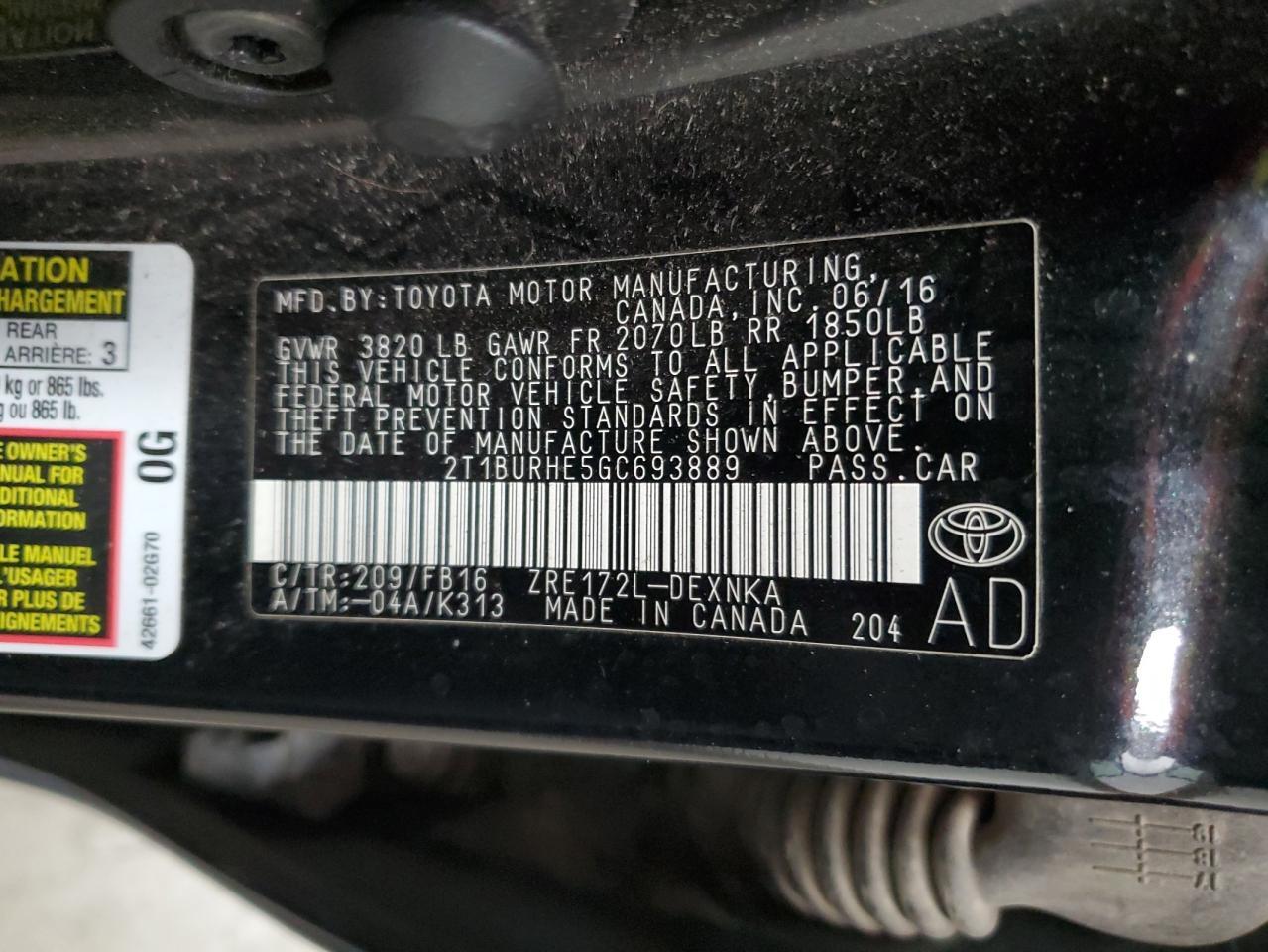 2016 TOYOTA COROLLA