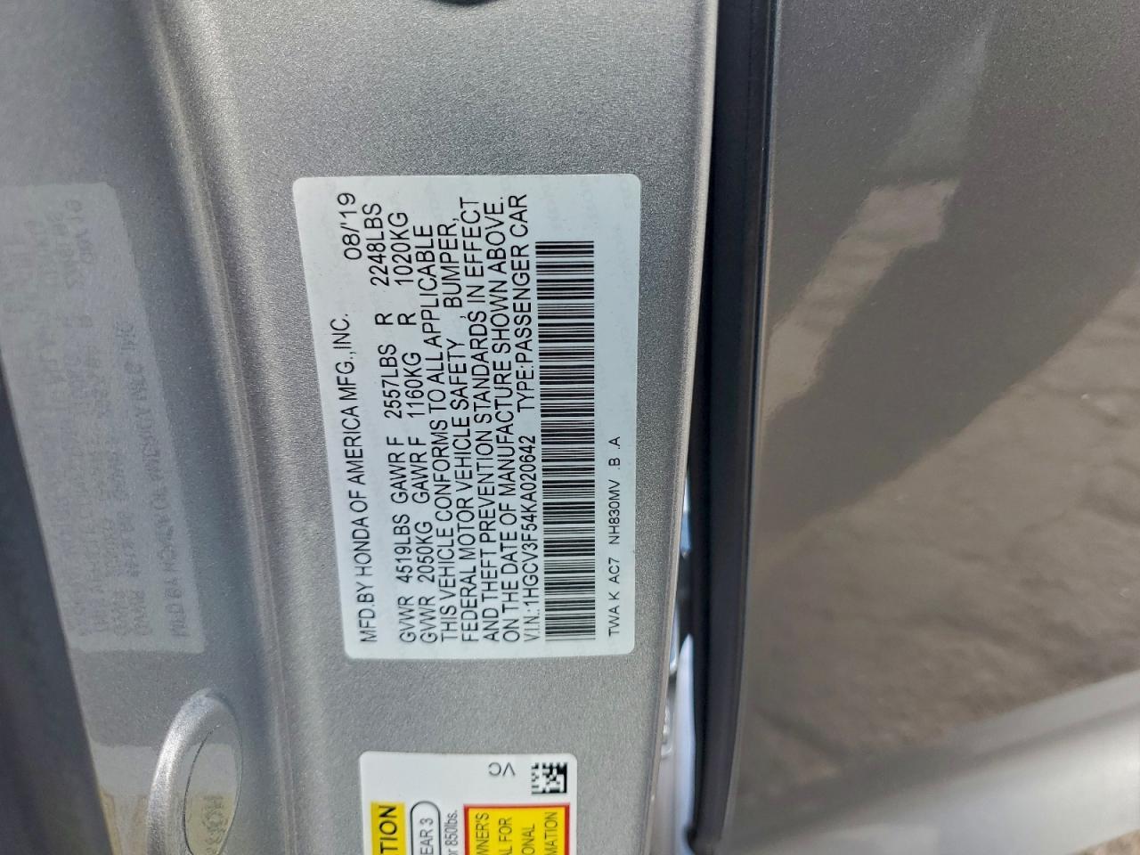 2019 HONDA ACCORD