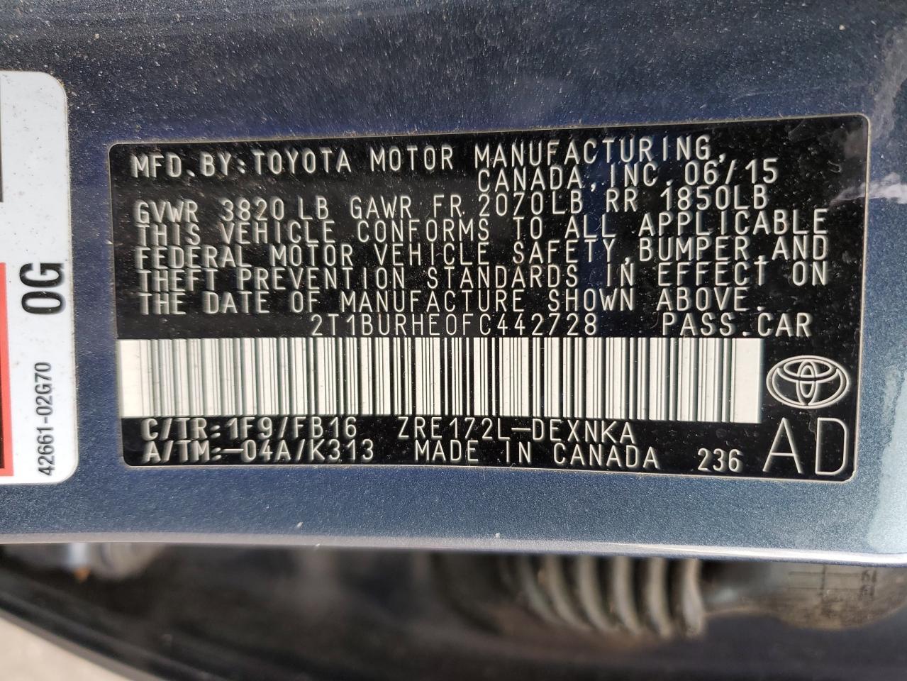 2015 TOYOTA COROLLA