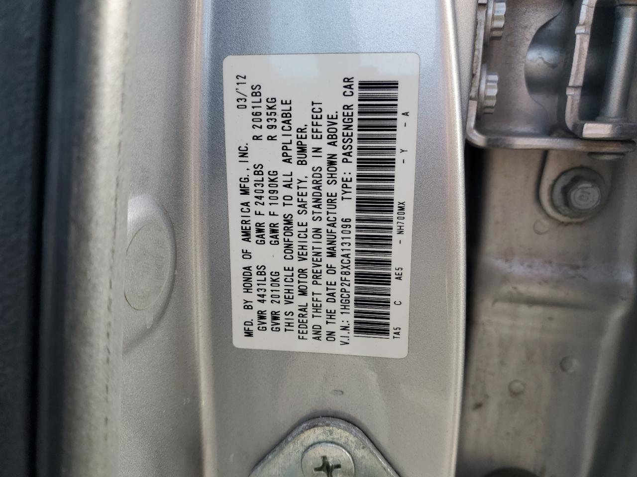 2012 HONDA ACCORD