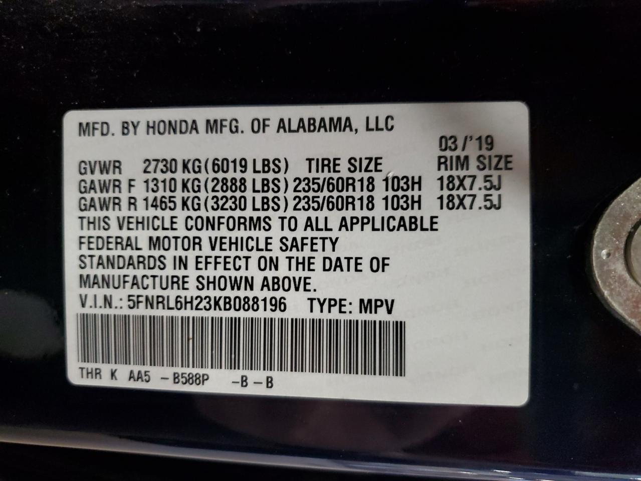 2019 HONDA ODYSSEY